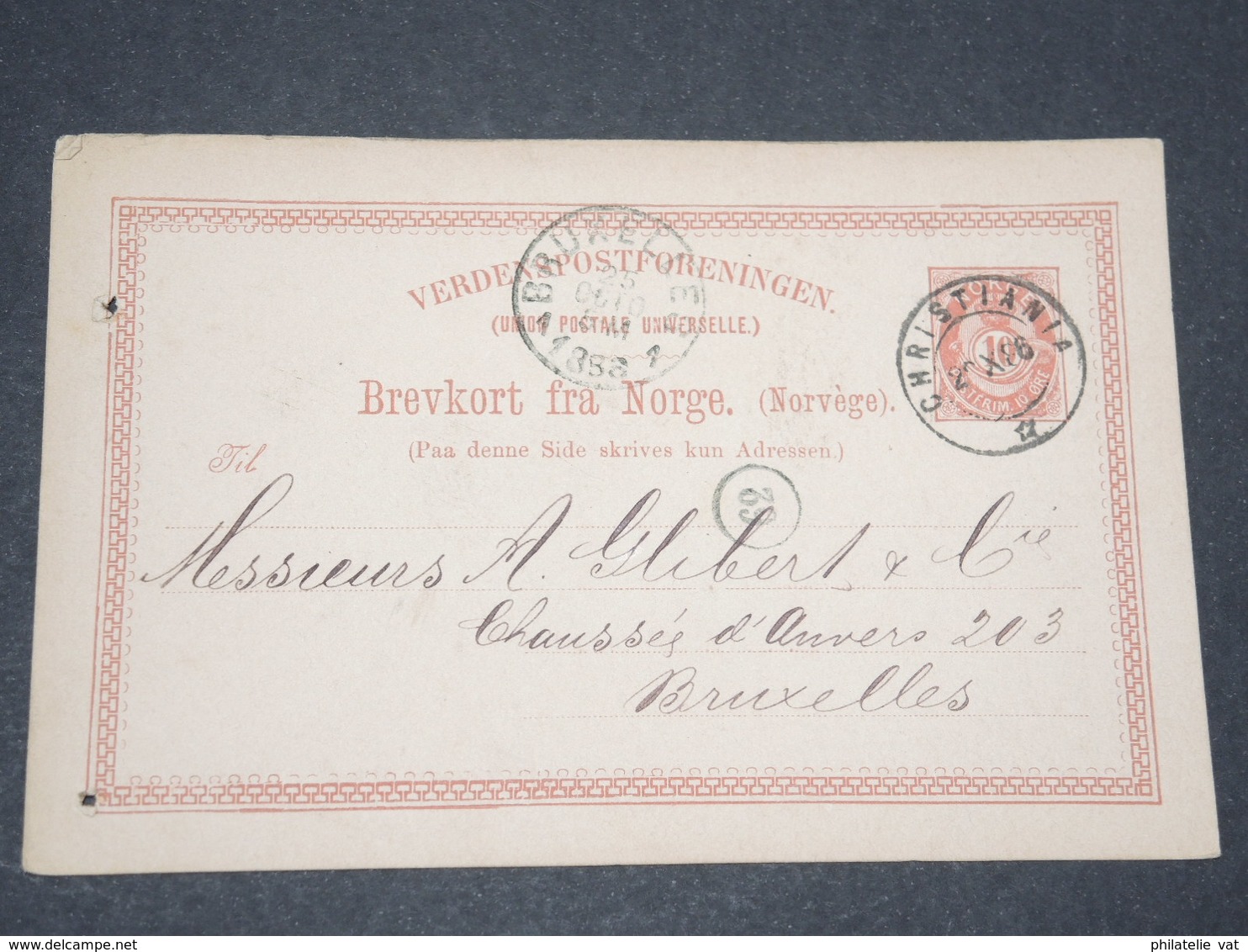 NORVEGE - Entier 10 Ore Pour Bruxelles - 1888 - P 22599 - Ganzsachen