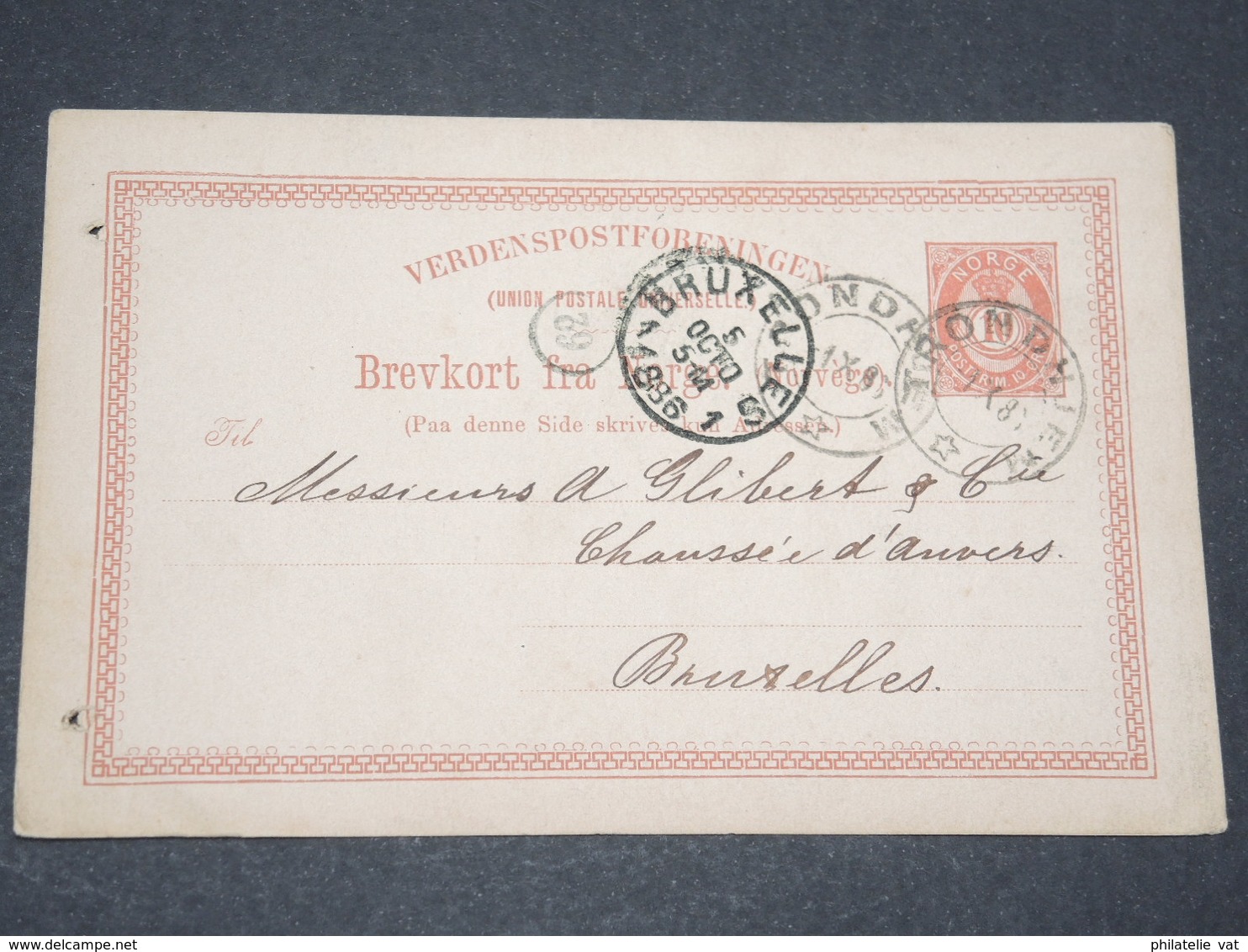 NORVEGE - Entier 10 Ore Pour Bruxelles - 1886 - P 22600 - Postal Stationery