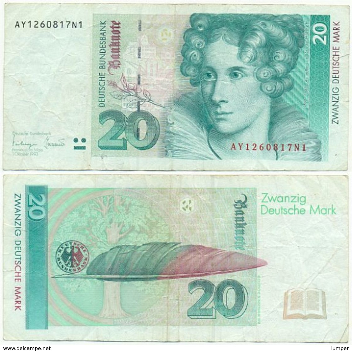 BRD 1993, 20 DM Deutsche Mark, A. Von Droste Hülshoff, Geldschein, Banknote - 20 Deutsche Mark