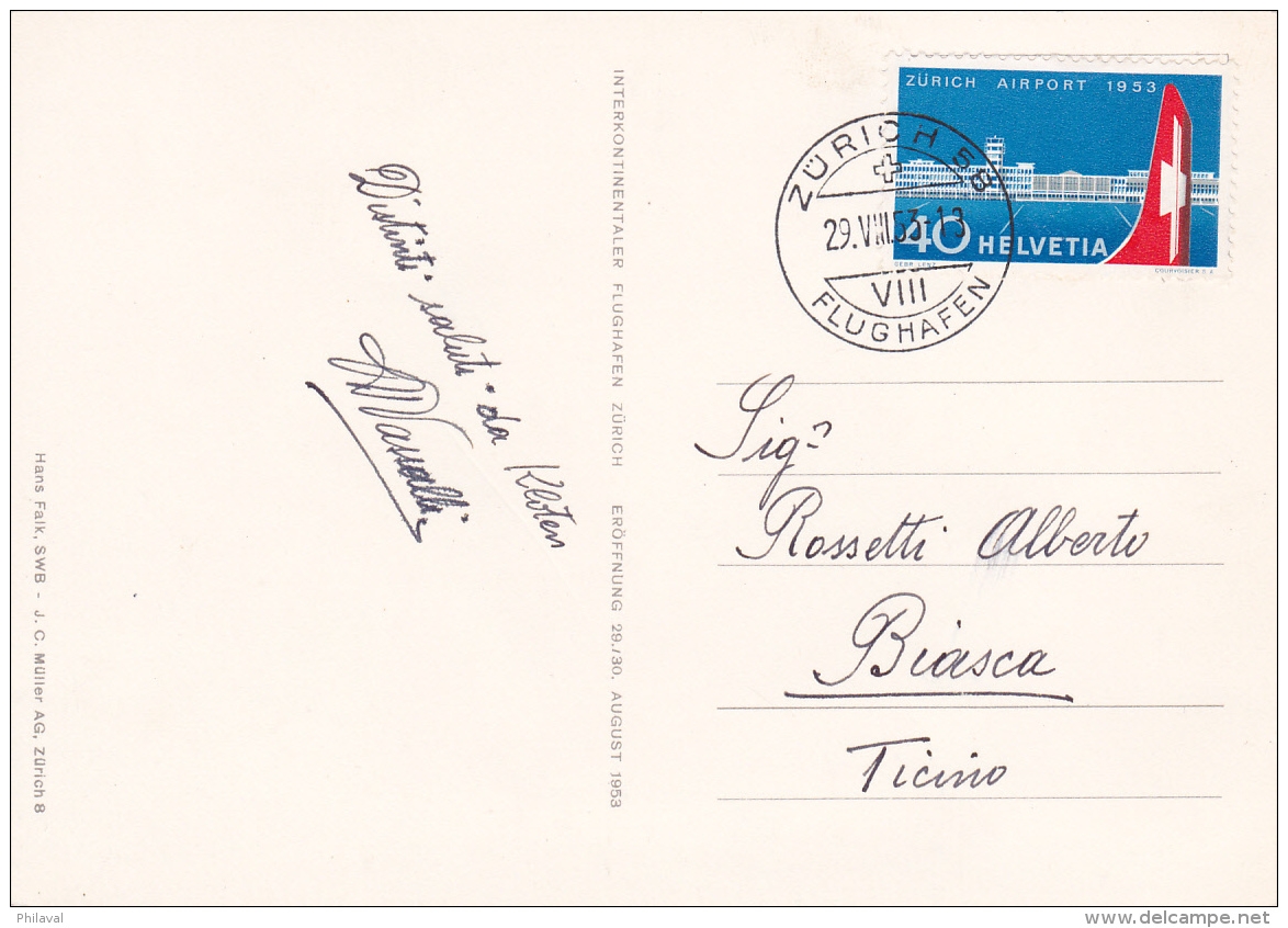 Suisse 1953 : Aéroport De Zürich-Kloten - No 313 Sur Carte Spéciale, Oblitérée Le 1er Jour D'émission - Cote 110.- - Covers & Documents