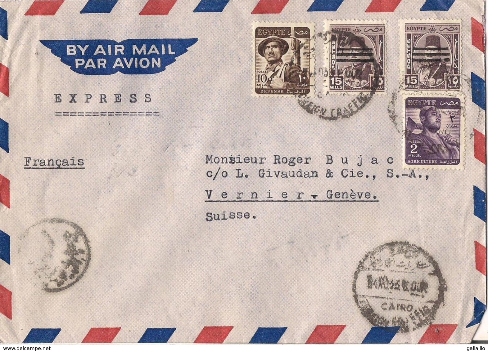 MARCOPHILIE LETTRE PAR AVION EGYPTE CAD LE CAIRE TP NO 312 315 ET 335 YT - Posta Aerea