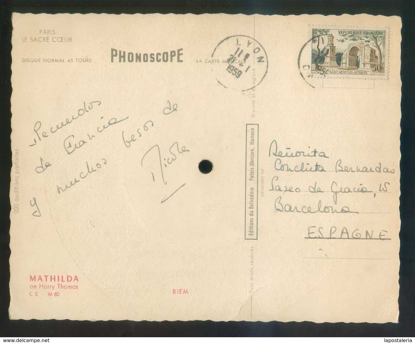 Postal Disco. *Mathilda De Harry Thomas* Ed. Belvédère, Monaco Nº C2 - M80. Meds: 190x150 Mms. Circulada 1959. - Otros & Sin Clasificación