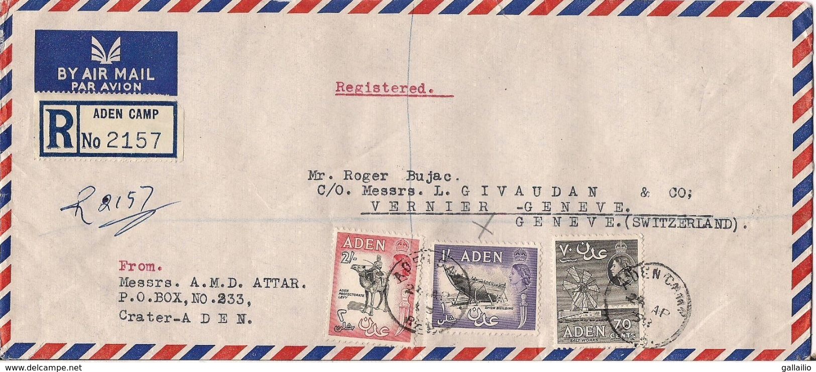 MARCOPHILIE LETTRE RECOMMANDEE PAR AVION ADEN TP NO 57A ET 58A YT - Aden (1854-1963)