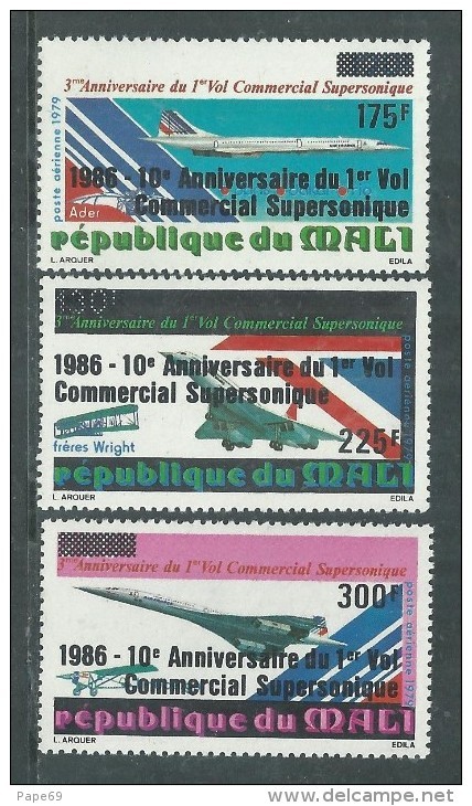 MALI  P. A.  N° 520 / 22 XX  10ème Anniversaire Du 1er Vol Commercial Supersonnique, Les 3 Valeurs Sans Charnière, TB - Malí (1959-...)