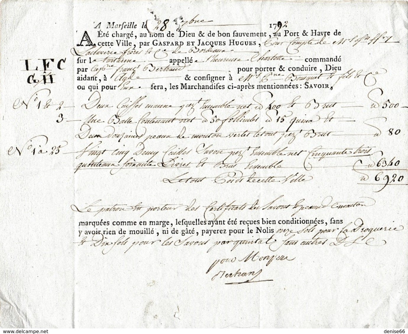 28 Sept. 1792 - Marseille - Connaissement - Tartane "L'Heureuse Charlotte" Avec Lettre D'accompagnement - Documents Historiques