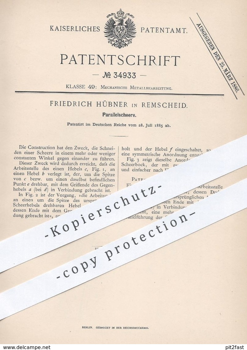 Original Patent - Friedrich Hübner , Remscheid , 1885 , Parallelschere | Schere Für Blech , Metall | Werkzeug !! - Historische Dokumente