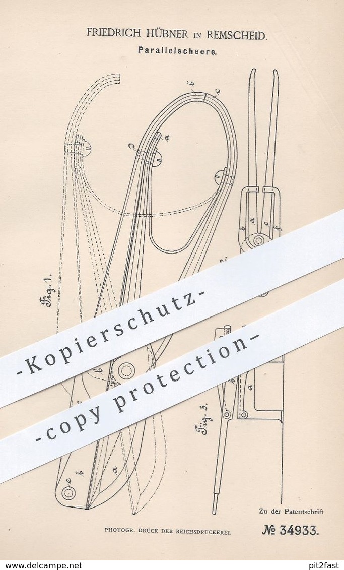 Original Patent - Friedrich Hübner , Remscheid , 1885 , Parallelschere | Schere Für Blech , Metall | Werkzeug !! - Historische Dokumente