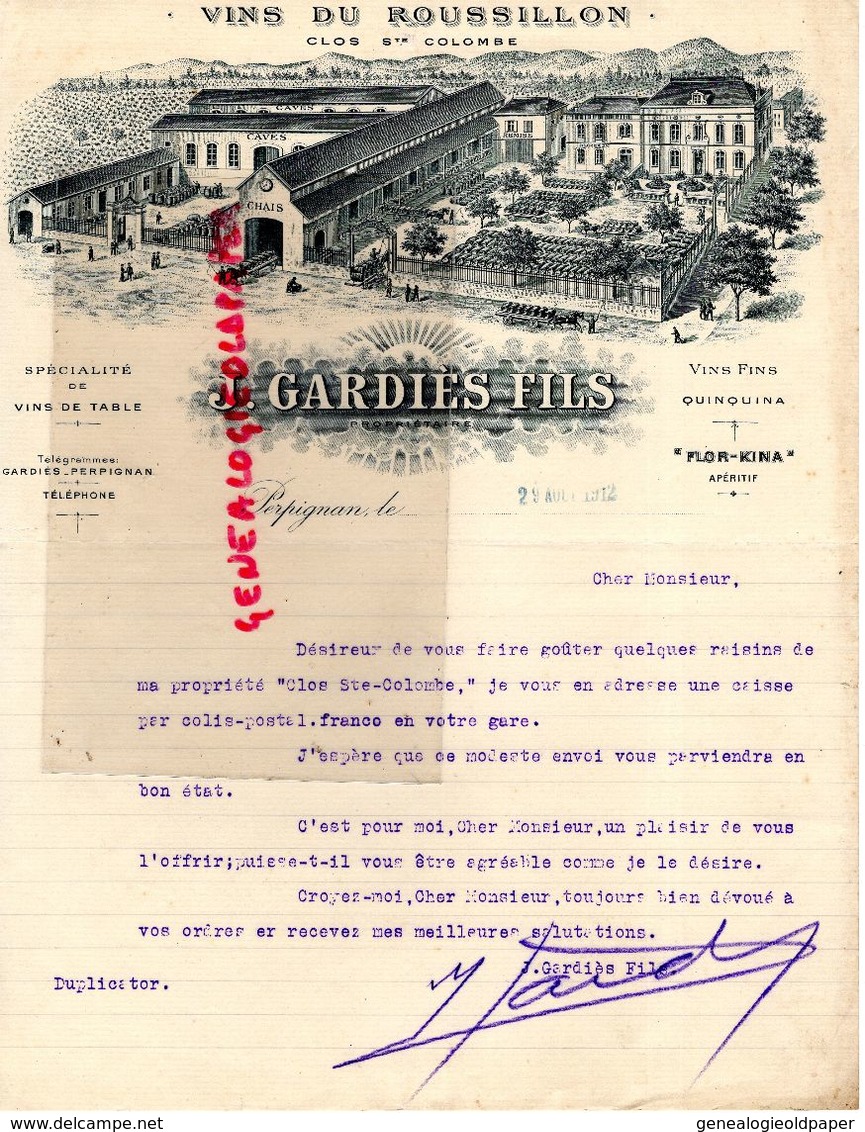 66- PERPIGNAN- RARE LETTRE SIGNEE J. GARDIES FILS- VINS DU ROUSSILLON-CLOS SAINTE COLOMBE- CHAIS CAVES 1912 - Food