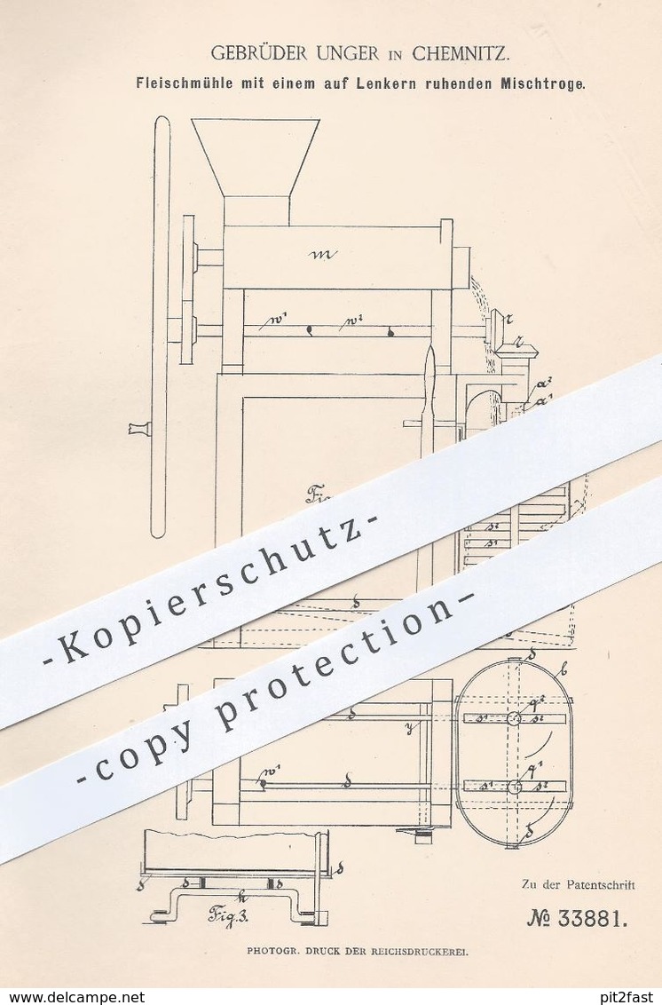 Original Patent - Gebr. Unger , Chemnitz , 1885 , Fleischmühle Mit Mischtrog | Fleisch - Mühle | Fleischer , Schlachter - Historical Documents