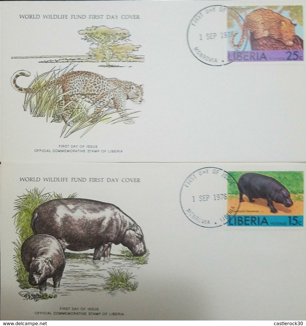 L) 1976 LIBERIA, LEOPARD, 25C, HIPPOPOTAMUS 15C, FAUNA, NATURE, ANIMALS, WORLD WILDLIFE FUND, FDC, SET OF 2 - Liberia