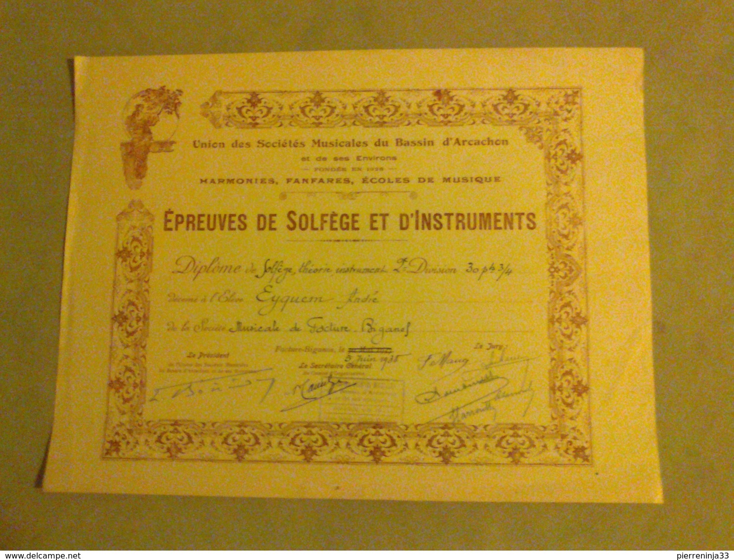 Diplôme De Solfège Et D'Instruments De L'Union Des Sociétés Musicales Du Bassin D'Arcachon /Harmonies,Fanfare,1938 - Diplômes & Bulletins Scolaires