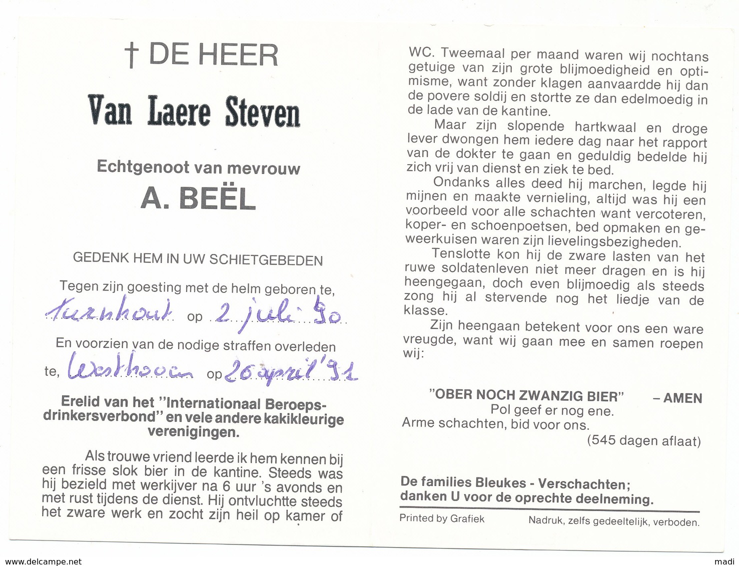 Soldaat Milicien Van Laere Steven 1990 Turnhout - 1e Genie Westhoven SPB Duitsland - Documents