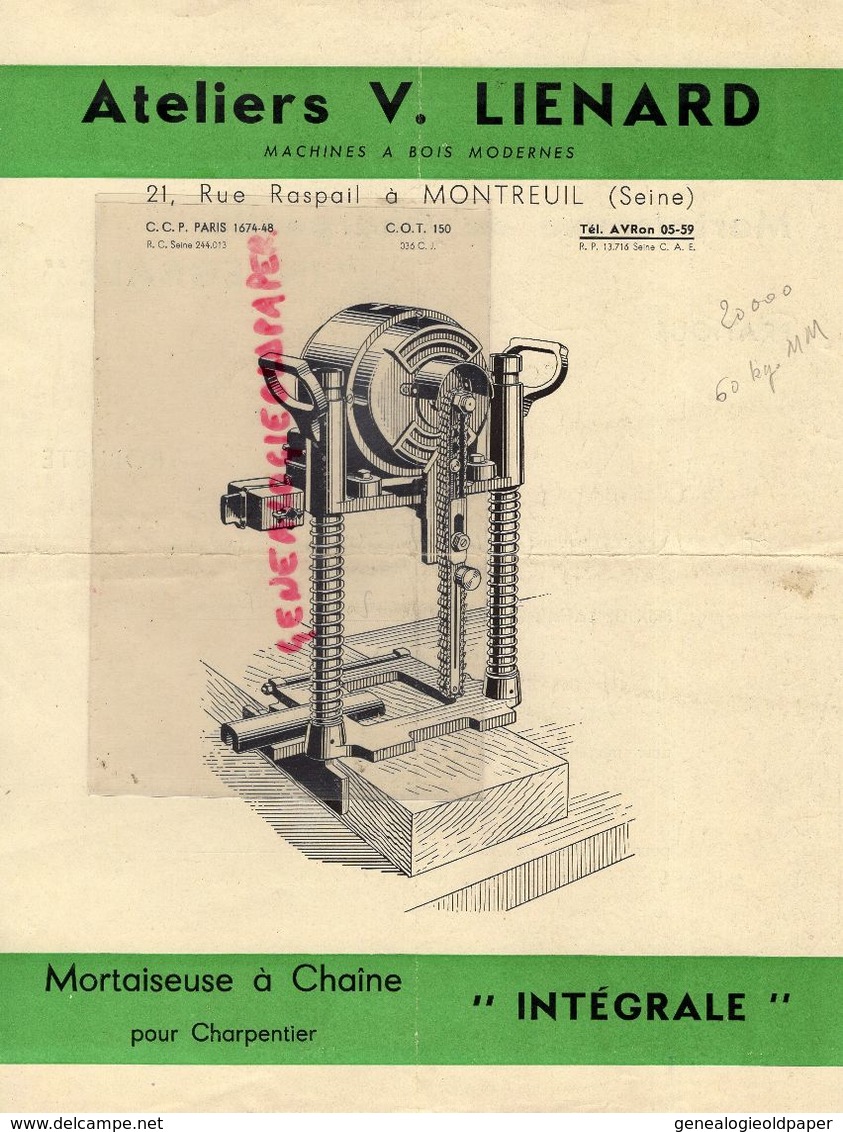 93- MONTREUIL SOUS BOIS- PUBLICITE ATELIERS V. LIENARD-MACHINES A BOIS-21 RUE RASPAIL- MORTAISEUSE CHARPENTIER- - Publicidad