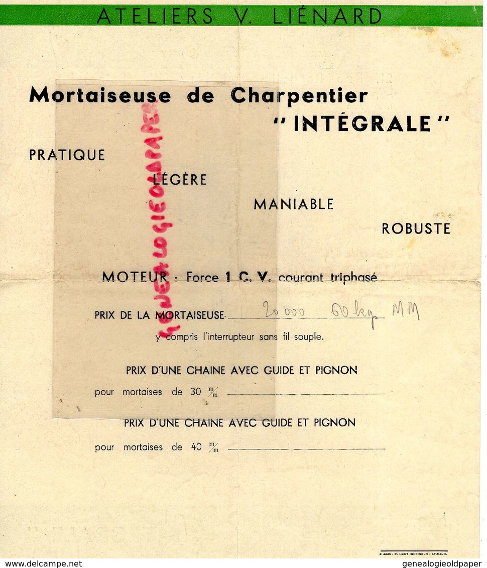 93- MONTREUIL SOUS BOIS- PUBLICITE ATELIERS V. LIENARD-MACHINES A BOIS-21 RUE RASPAIL- MORTAISEUSE CHARPENTIER- - Reclame