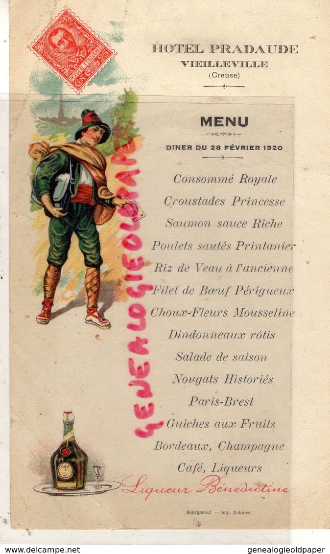 23- VIEILLEVILLE-RARE MENU HOTEL PRADAUDE- DINER 28 -02-1920-IMPRIMERIE REBIERE BOURGANEUF-BENEDICTINE-FILET PERIGUEUX - Menükarten