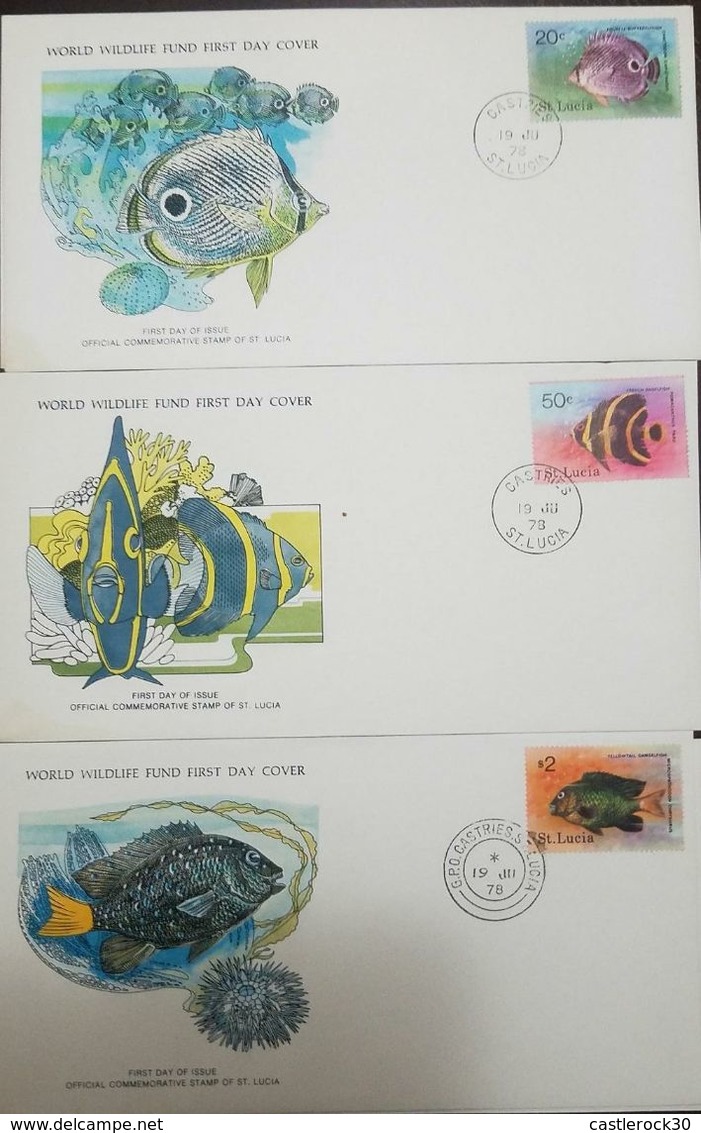 L) 1978 ST LUCIA, FISHES, NATURE, SEA, FULL COLORS, FAUNA, SPECIES, WORLD WILDLIFE FUND, FDC, SET OF 3 - St.Lucie (1979-...)