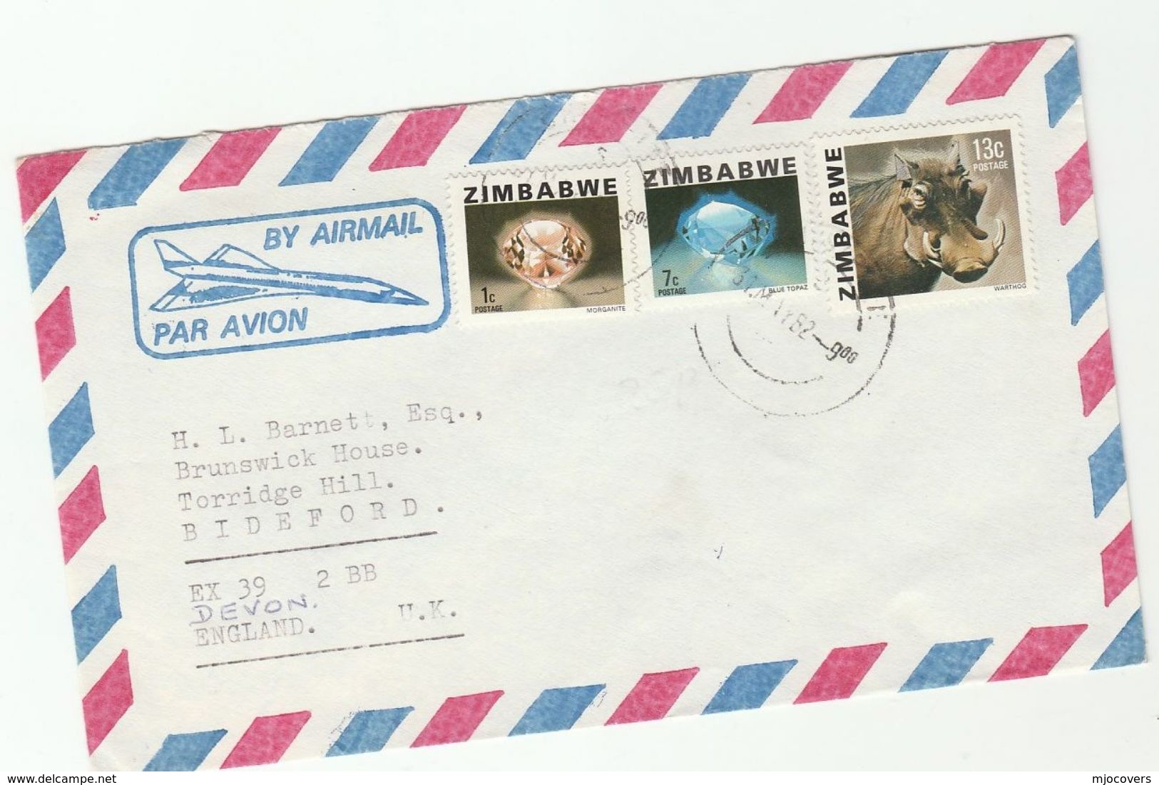 1982 Air Mail ZIMBABWE COVER Illus CONCORDE, Stamps MORGANITE  TOPAZ GEMSTONES , WARTHOG Minerals  Aviation - Zimbabwe (1980-...)
