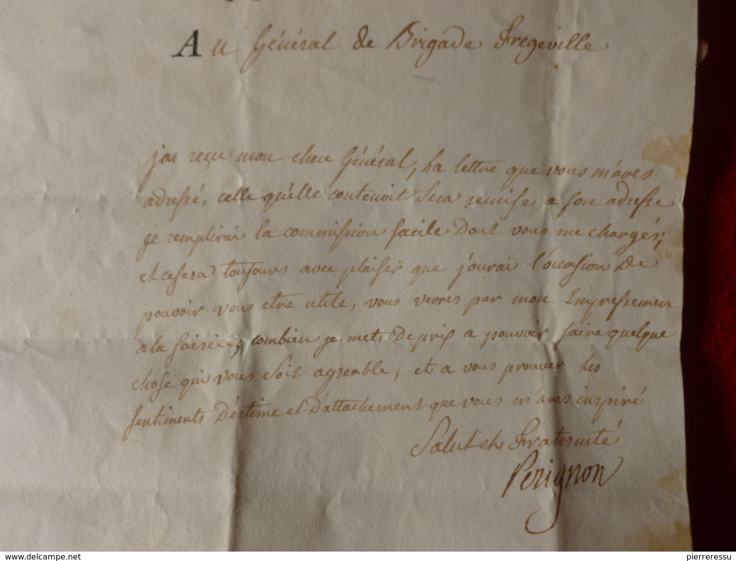 LETTRE AUTOGRAPHE MARECHAL D EMPIRE MARQUIS PERIGNON AMBASSADE ESPAGNE AU GENERAL DE BRIGADE 1796 - Autres & Non Classés