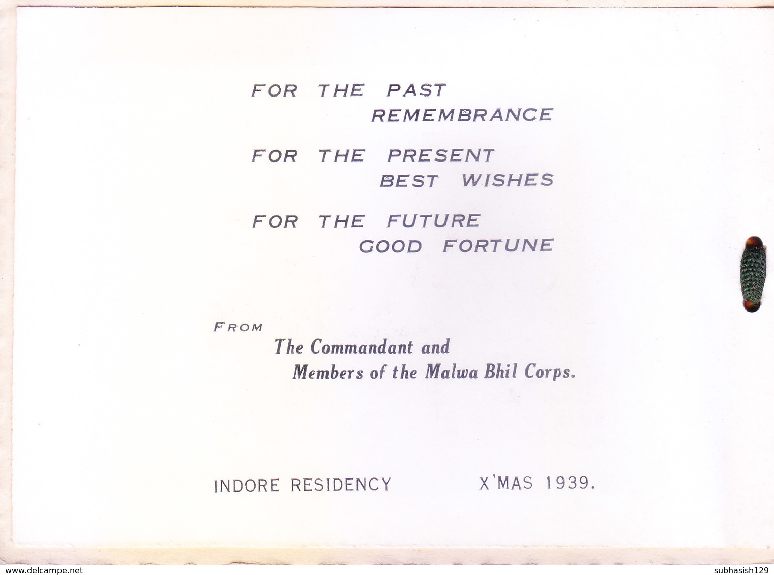 BRITISH INDIA : 1939 CHRISTMAS GREETINGS CARD : MALWA BHIL CORPS, INDORE RESIDENCY : PHOTO OF VILLAGE BHILS - Documents