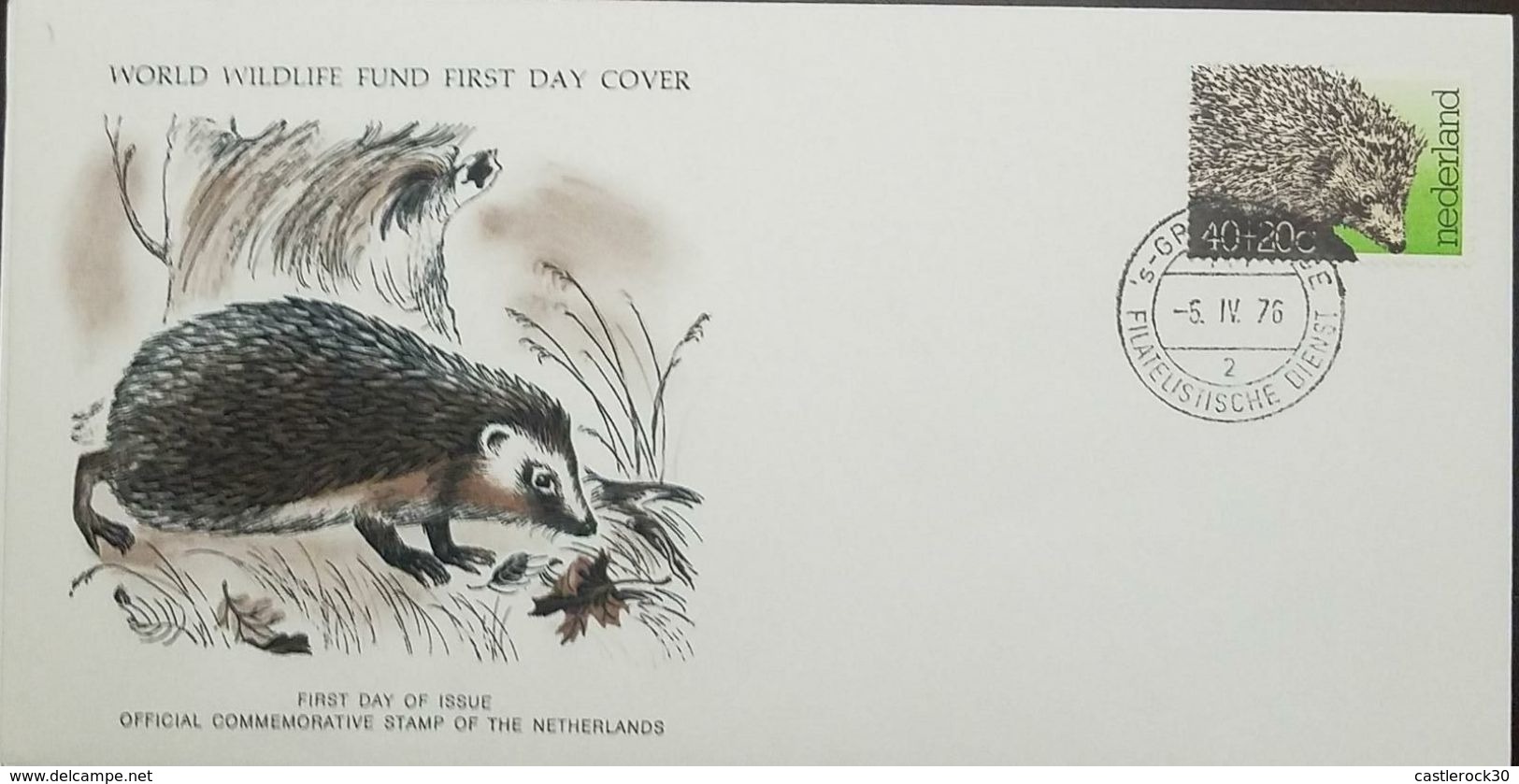 L) 1976 NEDERLAND, PORCUPINE, 40+20C, NATURE, FAUNA, ANIMALS, WORLD WILDLIFE FUND, FDC - Unused Stamps