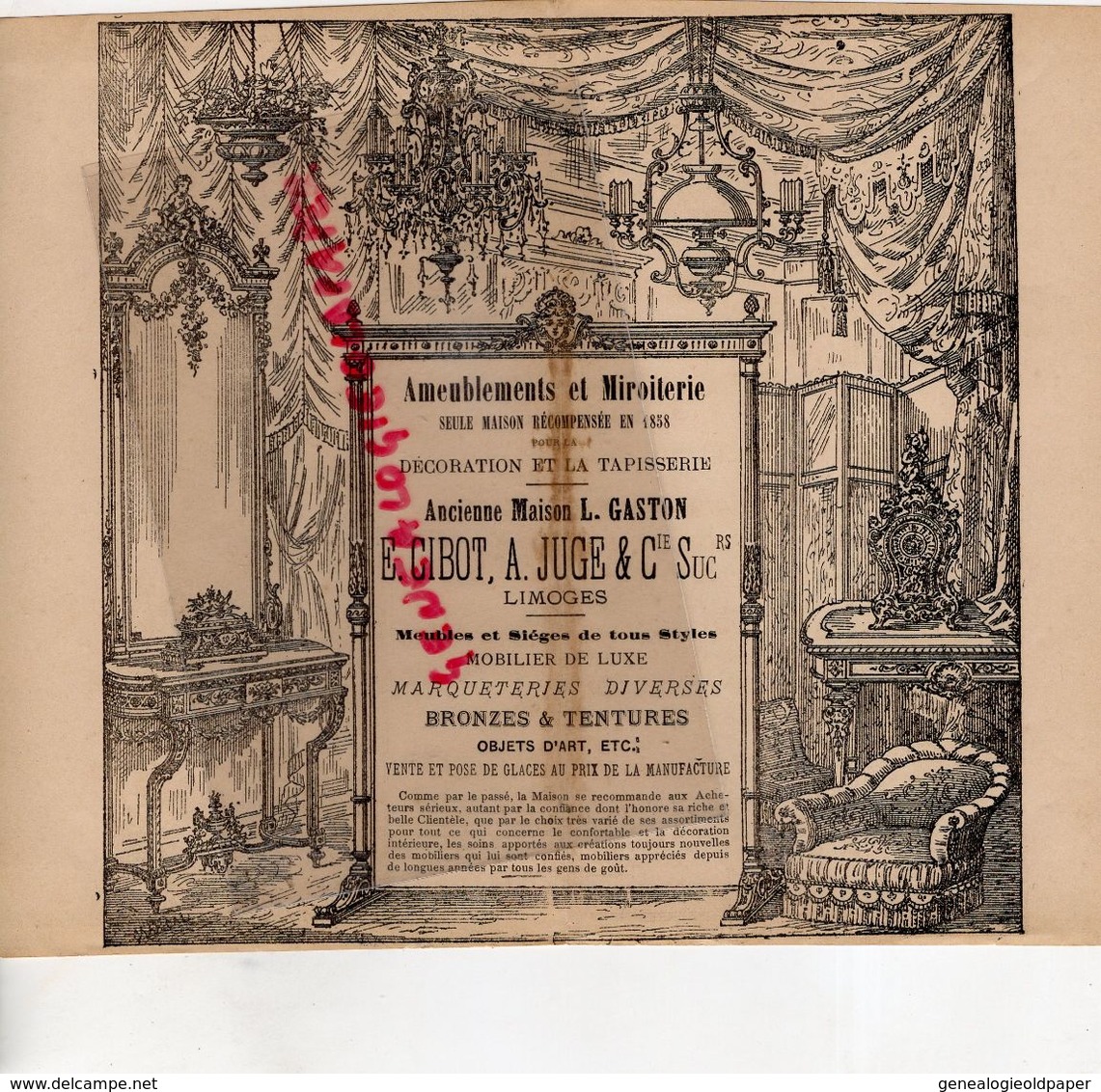 87- LIMOGES- RARE PUBLICITE MAISON L. GASTON-E.CIBOT- A.JUGE- MEUBLES SIEGES-TAPISSERIE-MIROITERIE-SALON 1858 - Publicités