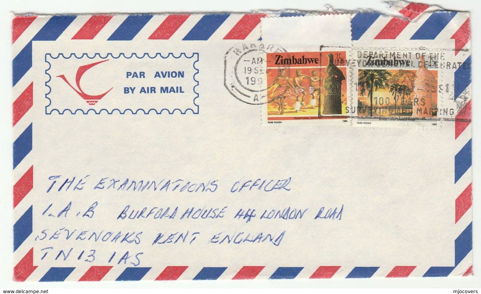 ZIMBABWE COVER SLOGAN Pmk SURVEY DEPT 100 YEARS SURVEYING AND MAPPING Air Mail To GB Stamps Map - Zimbabwe (1980-...)