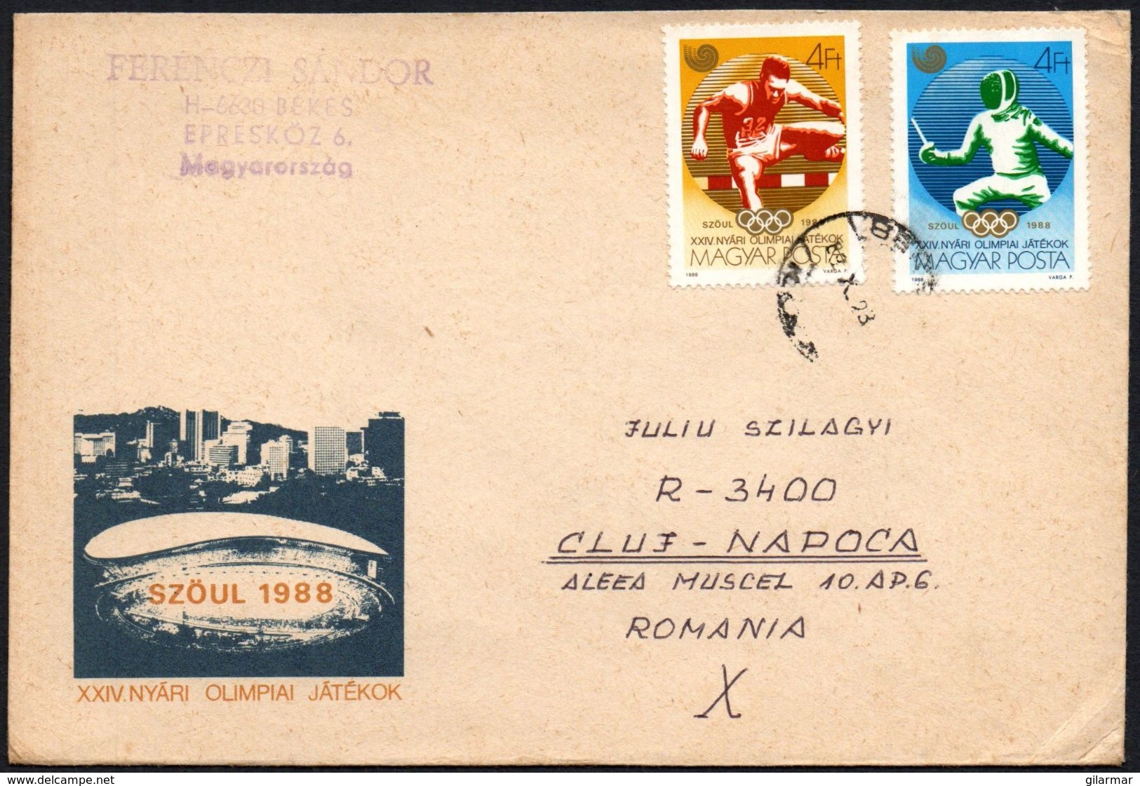 HUNGARY 1989 - MAILED ENVELOPE - OLYMPIC GAMES SEOUL '88 - FENCING / ATHLETICS: HURDLES - Verano 1988: Seúl