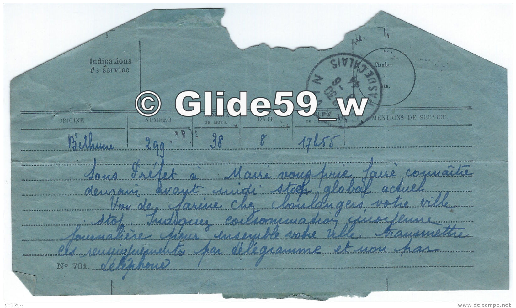 Télégramme Du 8-6-1944 - Sous-Préfet De Béthune (62) à Mairie De Carvin (62) - Stock De Farine Chez Les Boulangers - Telegramas Y Teléfonos