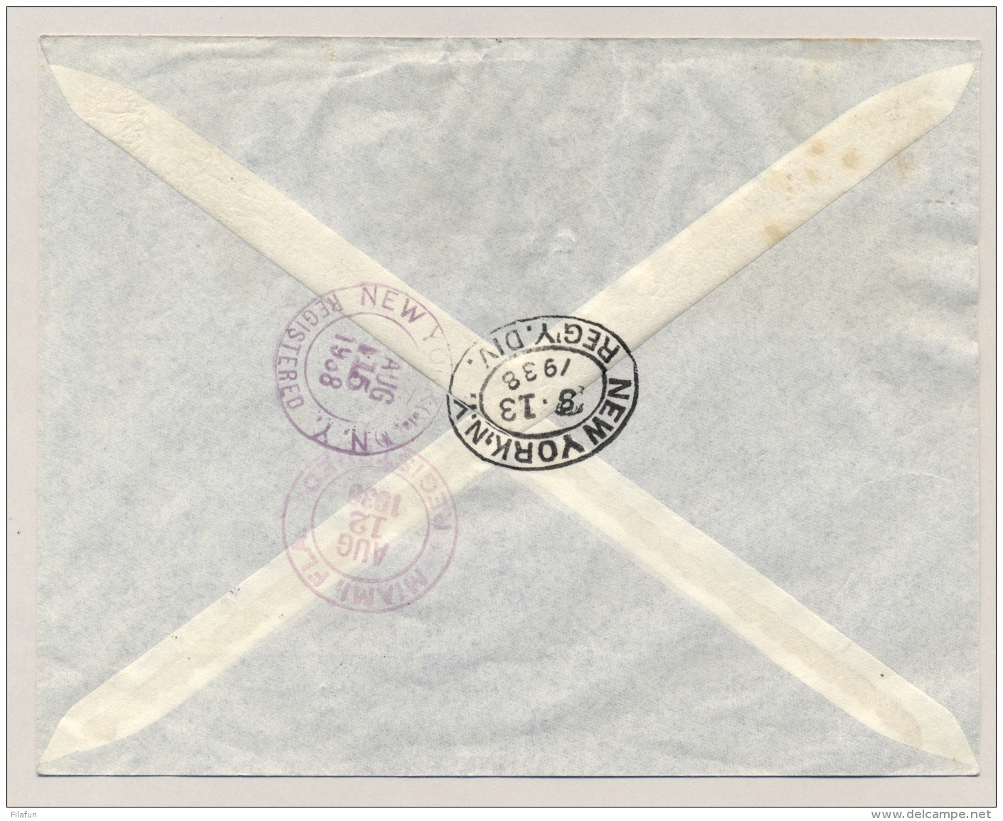 Curacao - 1938 - 45c Luchtpost Als Enkelfrankering Op R-cover 1e KLM Vlucht Van Willemstad Naar New York / USA - Curaçao, Nederlandse Antillen, Aruba