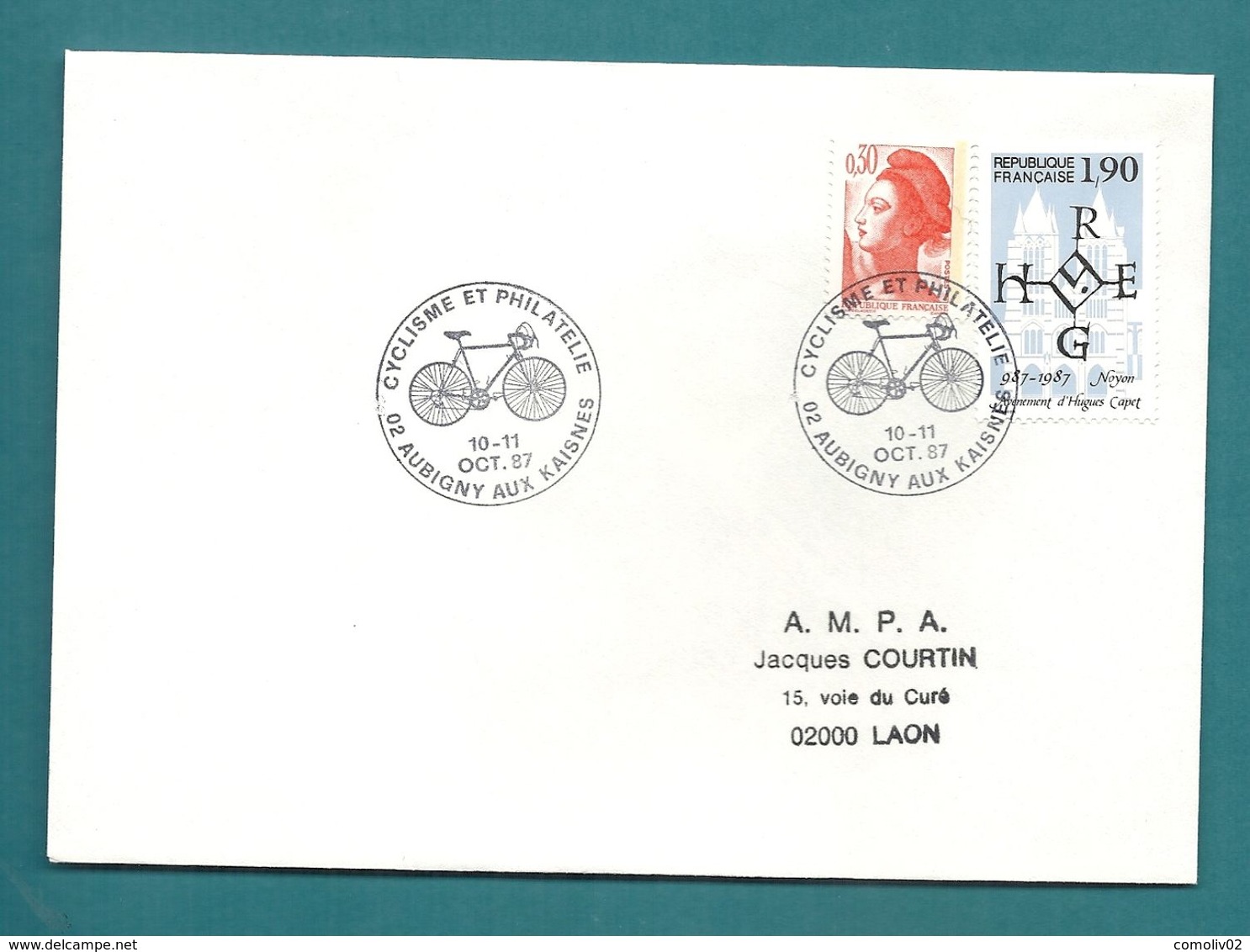 AISNE - AUBIGNY AUX KAISNES. CYCLISME ET PHILATELIE. 1987. Theme : VELO - Commemorative Postmarks