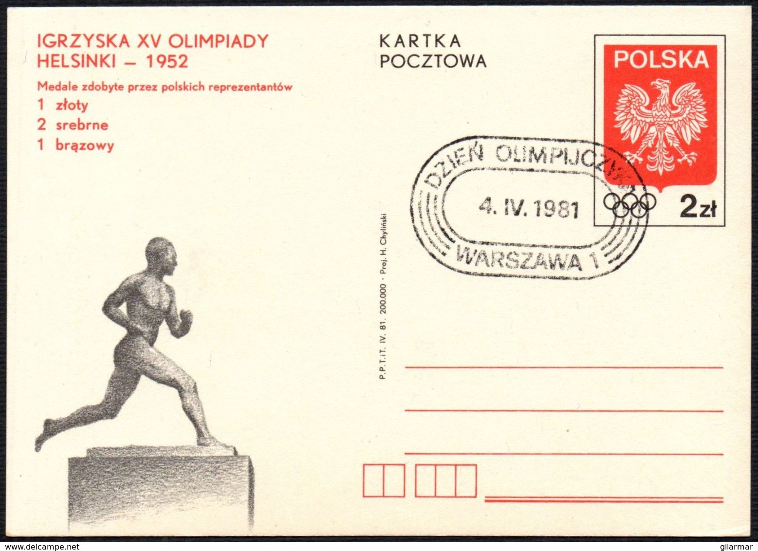 POLAND WARSAW 1981 - OLYMPIC DAY - POSTAL STATIONERY OVERPRINTED POLISH MEDAL AT OLYMPIC GAMES HELSINKI 1952 - Sommer 1952: Helsinki