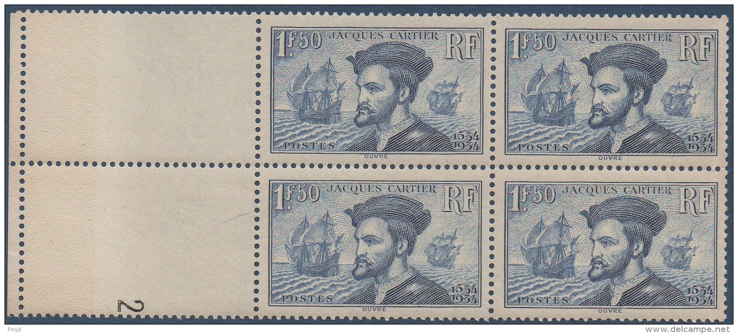 N°__297 JACQUES CARTIER 1934 NEUFS** BLOC DE 4 TIMBRES - 1930-1939