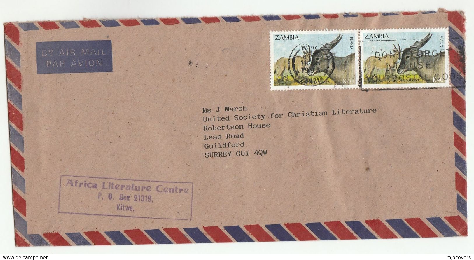 1993 Air Mail ZAMBIA AFRICA LITERATURE CENTRE COVER Franked  2x 40n ELAND Antelope Stamps To GB - Zambia (1965-...)