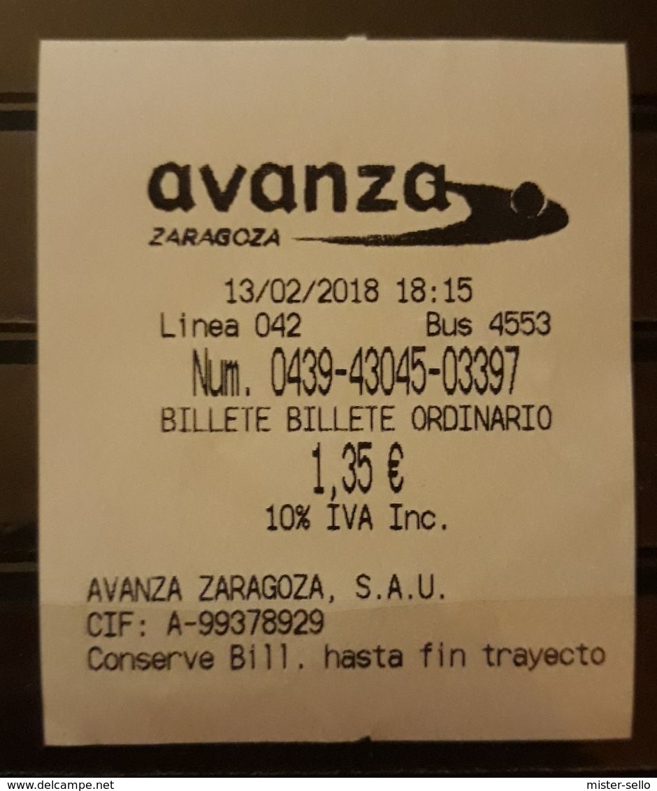 ESPAÑA - ZARAGOZA. BUS - AUTOBÚS. TICKET DE 1 DÍA - Europa