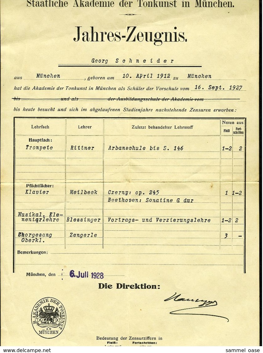 Jahres-Zeugnis 1927  -  Trompete / Klavier  - Staatliche Akademie Der Tonkunst In München - Diplome Und Schulzeugnisse