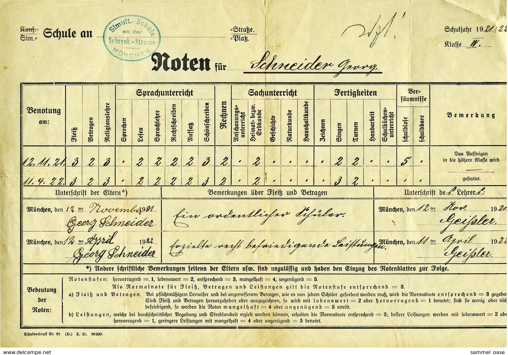 Noten Für Schuljahr 1921 / 1922  -  Simult. Schule München - Diplome Und Schulzeugnisse