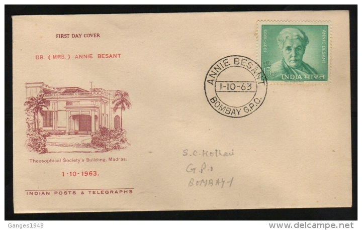 India 1963  Famous Women  Annie Beasant  BOMBAY  FDC  #  05999   D  Inde Indien - FDC