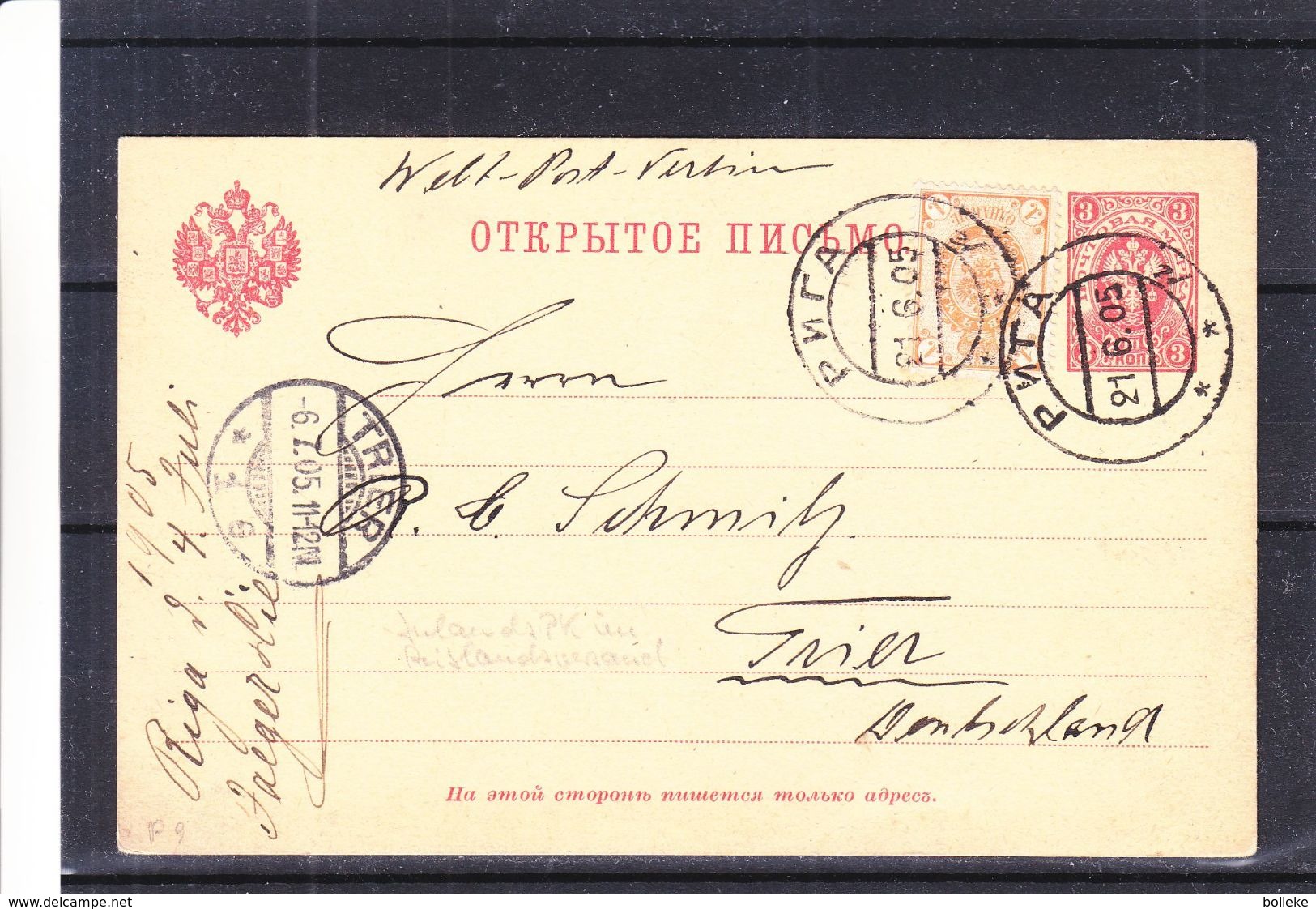 Russie - Lettonie - Carte Postale De 1905 - Oblit Riga - Exp Vers Trier - Cachet De Trier - Briefe U. Dokumente