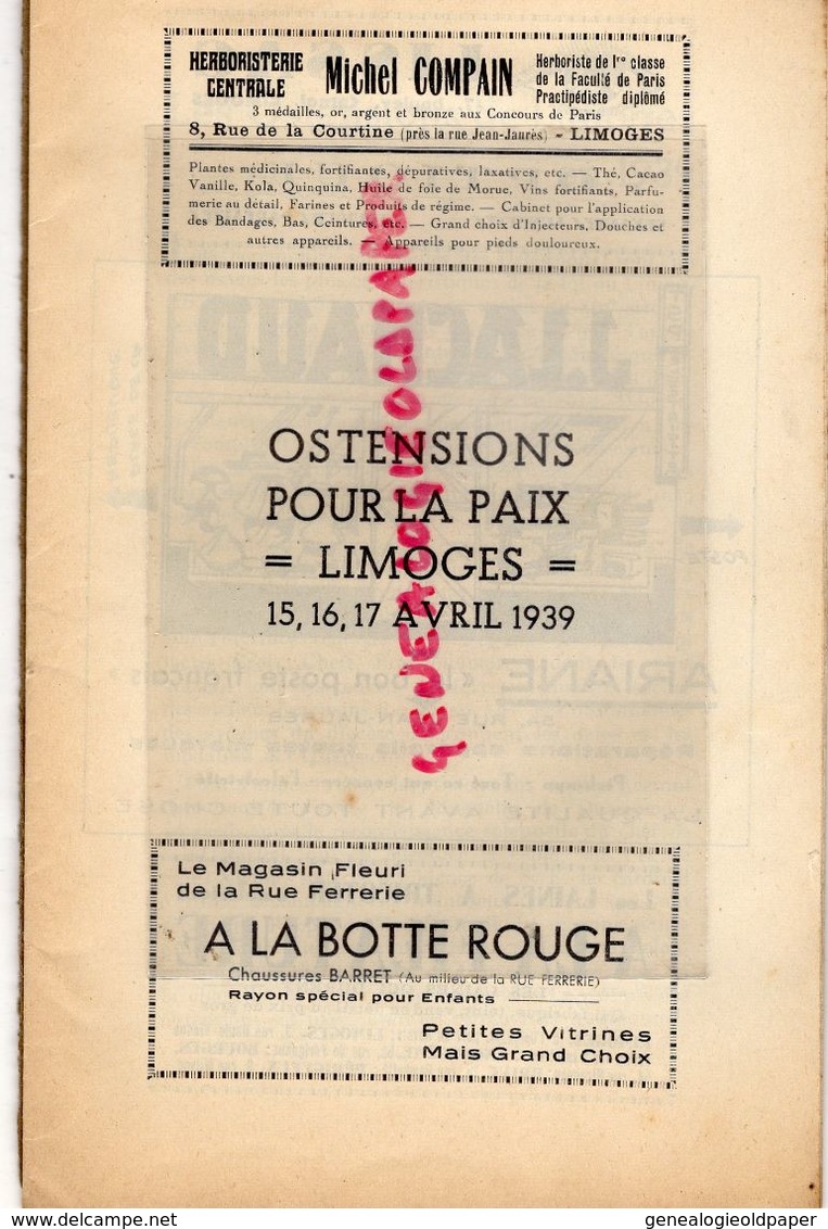 87- LIMOGES- RARE PROGRAMME OSTENSIONS POUR LA PAIX-AVRIL 1939-A. DONY-BOUCHARA-PASTAUD-L. THARAUD SIMCA 8-SOLIGNAC- - Documents Historiques