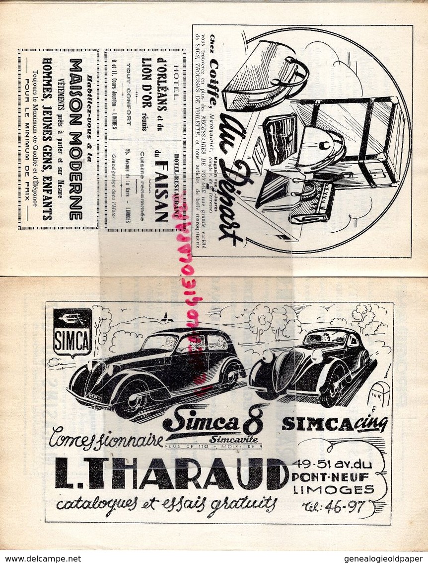 87- LIMOGES- RARE PROGRAMME OSTENSIONS POUR LA PAIX-AVRIL 1939-A. DONY-BOUCHARA-PASTAUD-L. THARAUD SIMCA 8-SOLIGNAC-