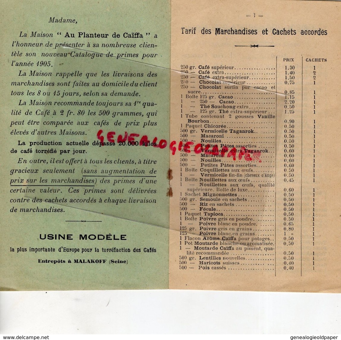 75- PARIS- AU PLANTEUR DE CAIFFA- TARIFS AVEC PRIMES -CAFES VERTS-CAFE-13 RUE JOANES RUE BOULITTE-VUE USINE MAGASIN - Documents Historiques