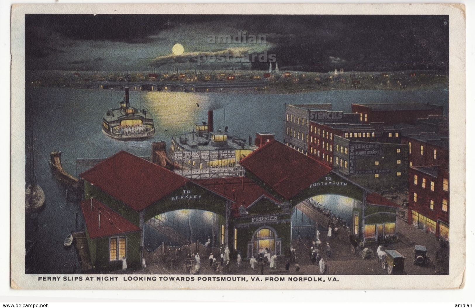 NORFOLK VA, Ferry Slips Looking Towards Portsmouth Night View, 1920s Vintage Virginia Postcard - Norfolk