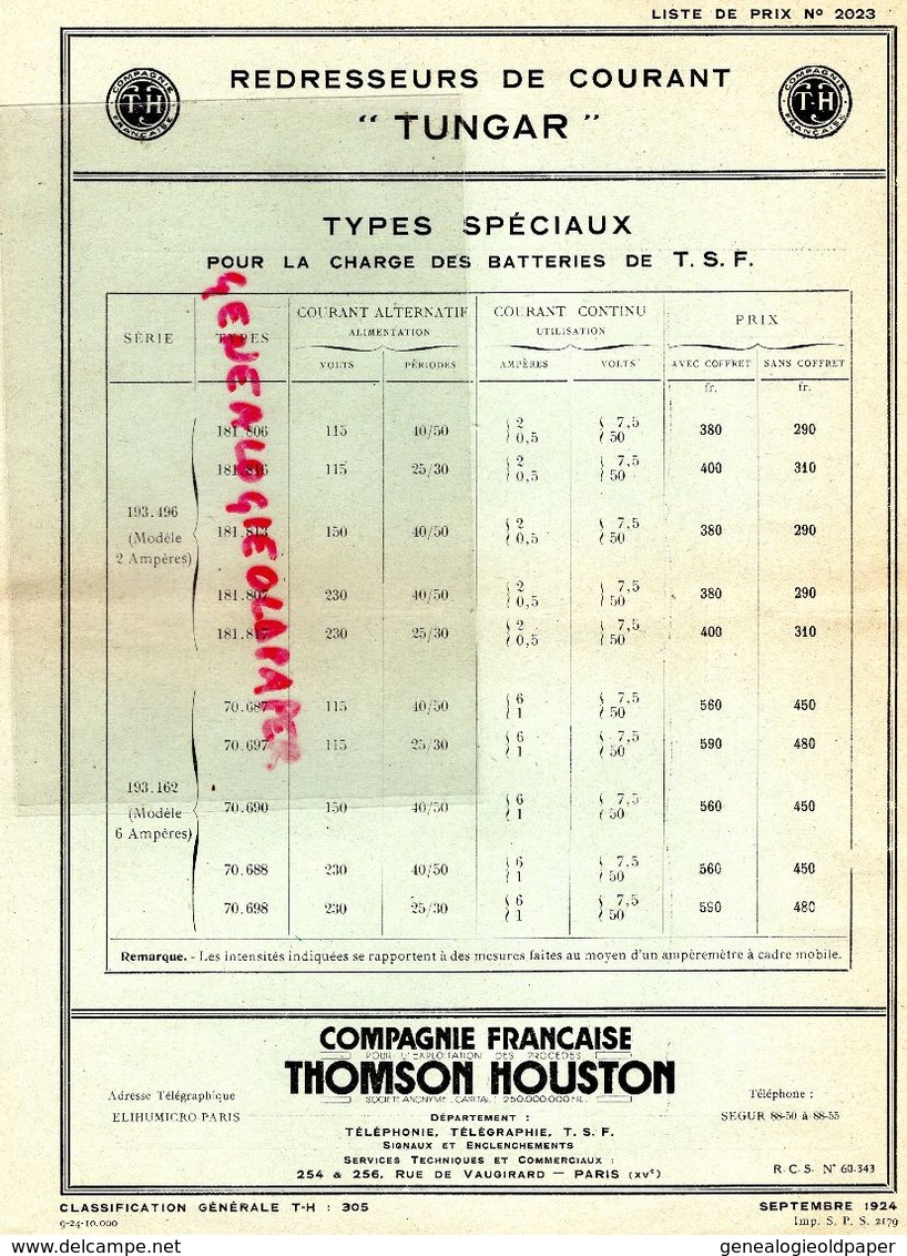 75- PARIS- CATALOGUE THOMSON HOUSTON-TELEPHONIE-TELEGRAPHE-TSF-RADIO-TUNGAR-254 RUE VAUGIRARD-1924-ELECTRICITE-TELEPHONE - Elektriciteit En Gas