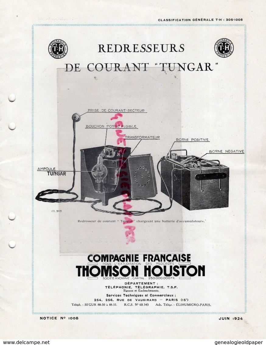 75- PARIS- CATALOGUE THOMSON HOUSTON-TELEPHONIE-TELEGRAPHE-TSF-RADIO-TUNGAR-254 RUE VAUGIRARD-1924-ELECTRICITE-TELEPHONE - Electricidad & Gas