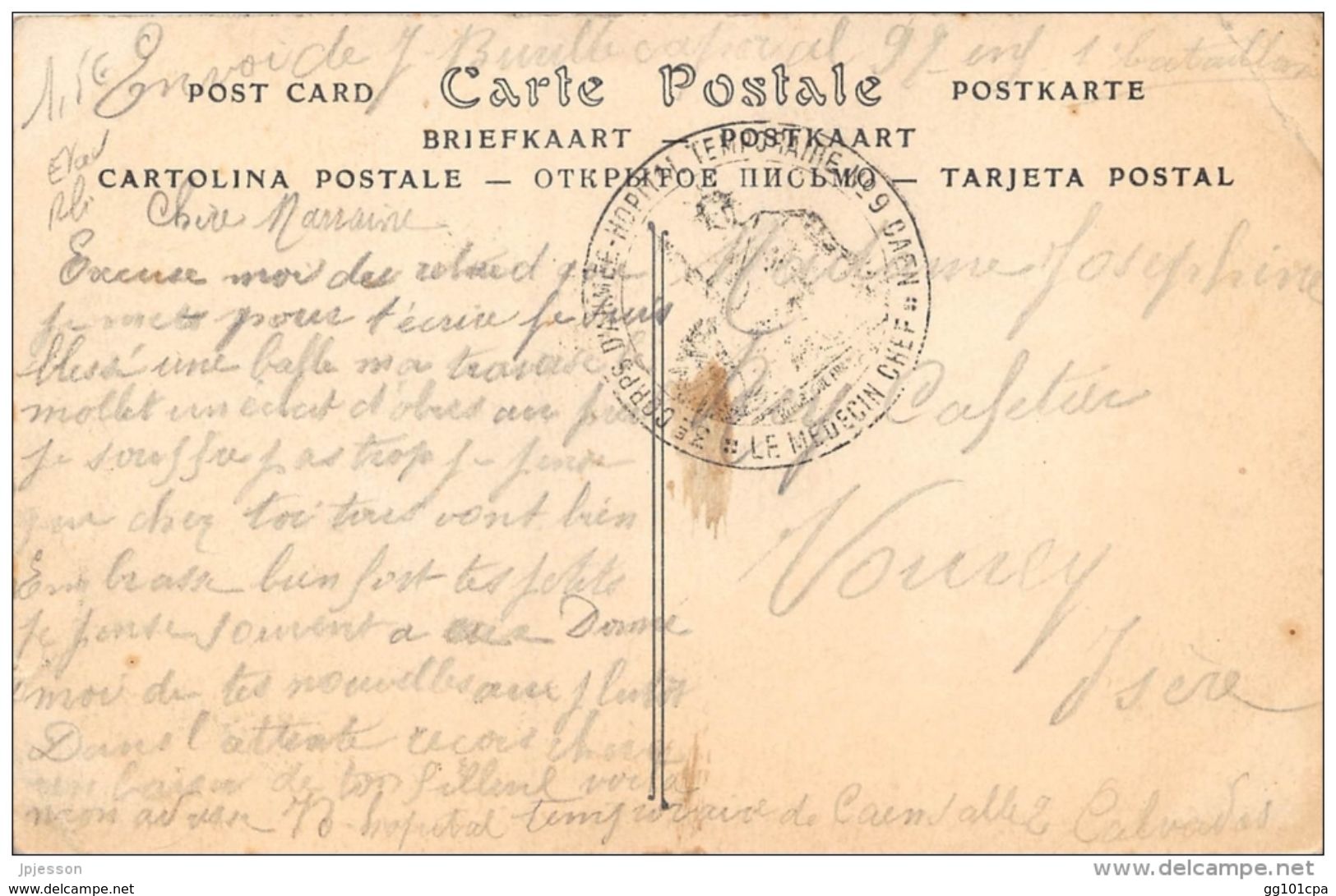 Cachet Hopital Temporaire N°9 CAEN Frappe TB  Cp De Caen - Guerre De 1914-18