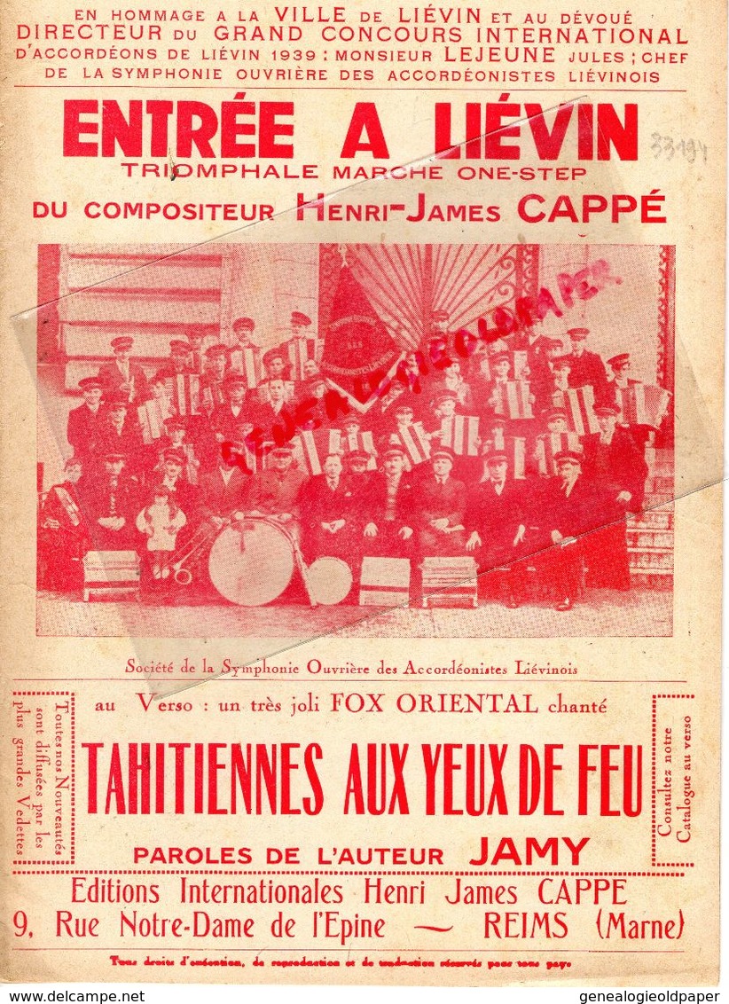 62- LIEVIN-PARTITION CONCOURS INTERNATIONAL ACCORDEONS 1939-ACCORDEON-LEJEUNE JULES-HENRI JAMES CAPPE-TAHITI-TAHITIENNE - Partitions Musicales Anciennes