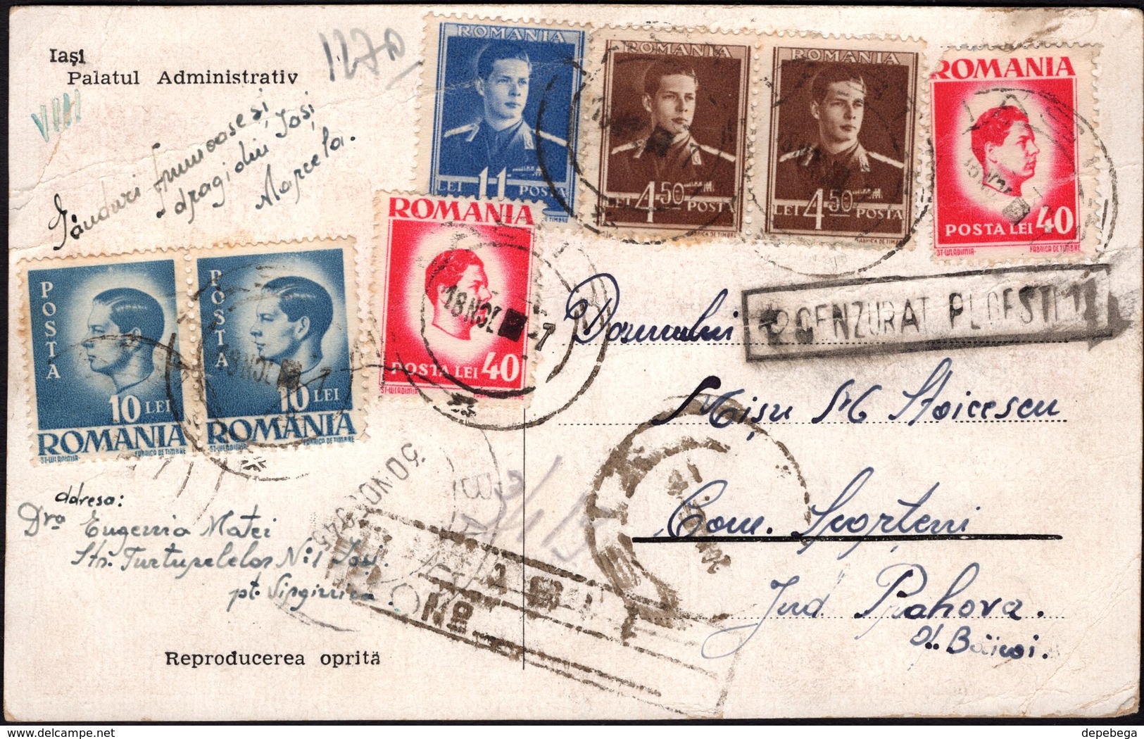 Romania - Romania-Iasi, Palatul Administrativ. Reg. Censored (Cenzurat Ploesti 1) Postcard, IASI 30.11.1945. - Roumanie