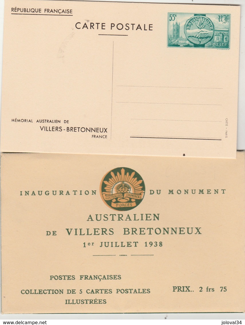 Lot Avec Pochette Entier Postal  Mémorial Australien De Villers Bretonneux Complet 5 Cartes Postales - Cartes Postales Types Et TSC (avant 1995)