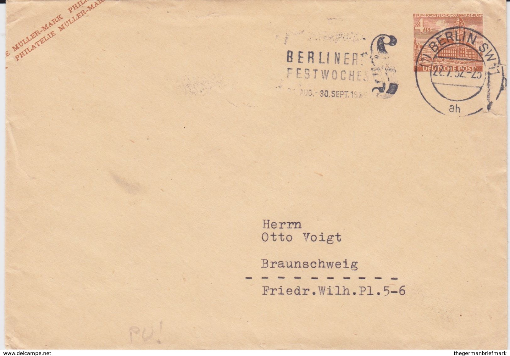 Berlin (West) Bauten Privatganzsache PU 1/5 A MWSt Berlin 1952 - Privatumschläge - Gebraucht