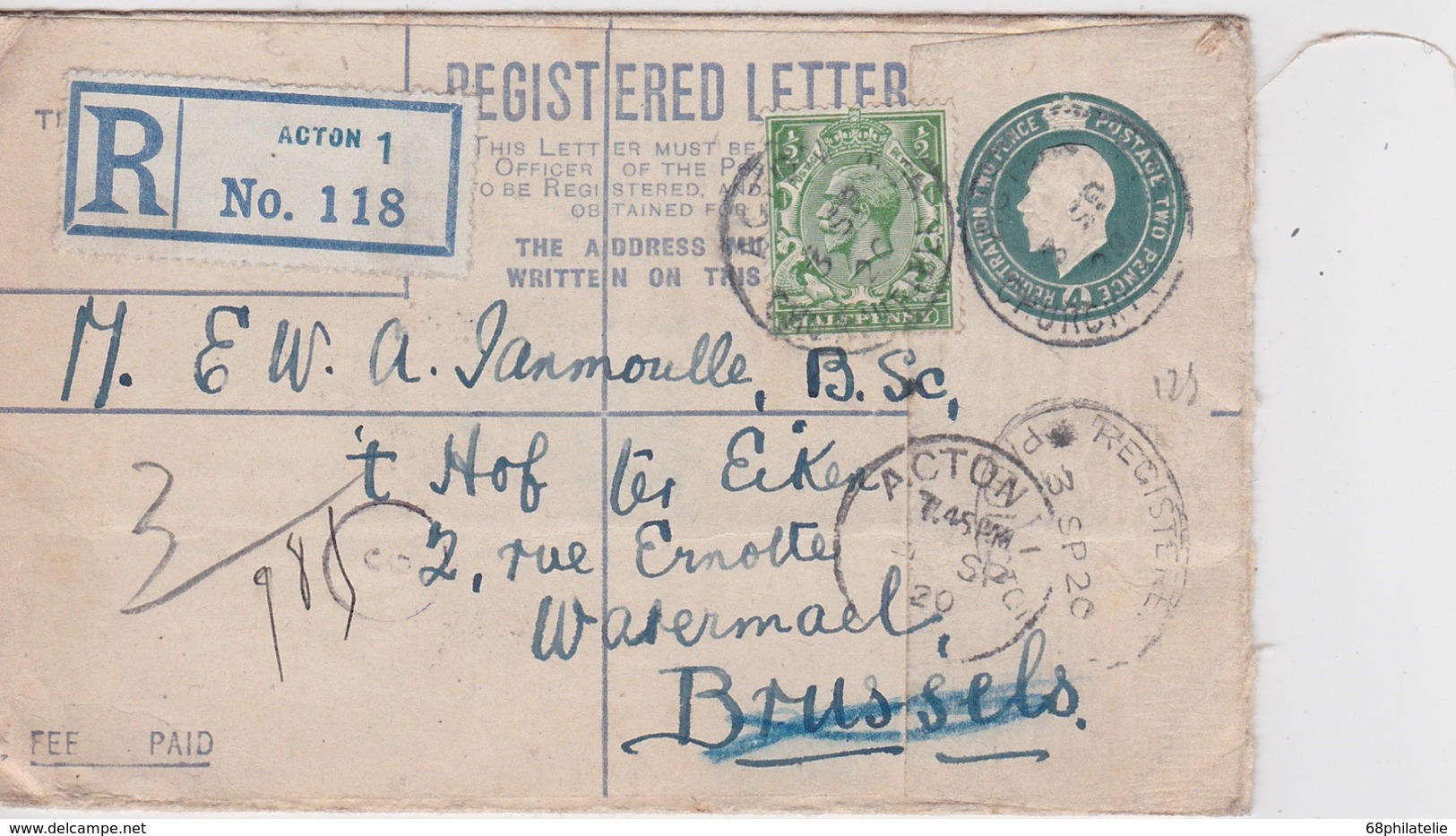 GRANDE BRETAGNE 1920 ENTIER POSTAL LETTRE RECOMMANDEE DE ACTON AVEC CACHET ARRIVEE WATERMAEL/BELGIQUE - Interi Postali